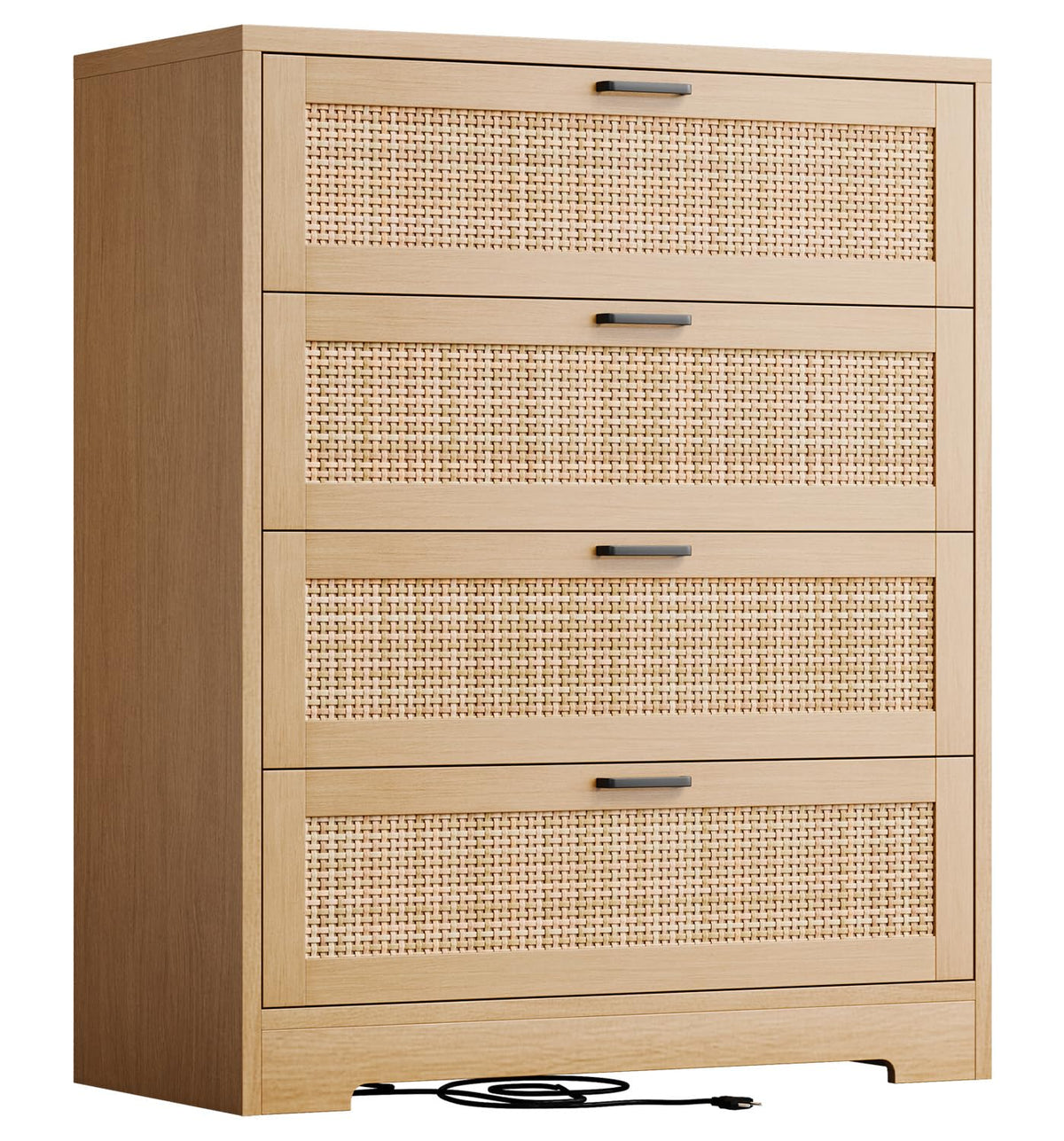 GarveeHome Rattan Dresser, Tall Chest of Drawers, Wood Dresser for Bedroom, Closet, Living Room, Hallway (Natural, 15.8" D x 31.5" W x 38.6" H (4 Rattan Drawers))