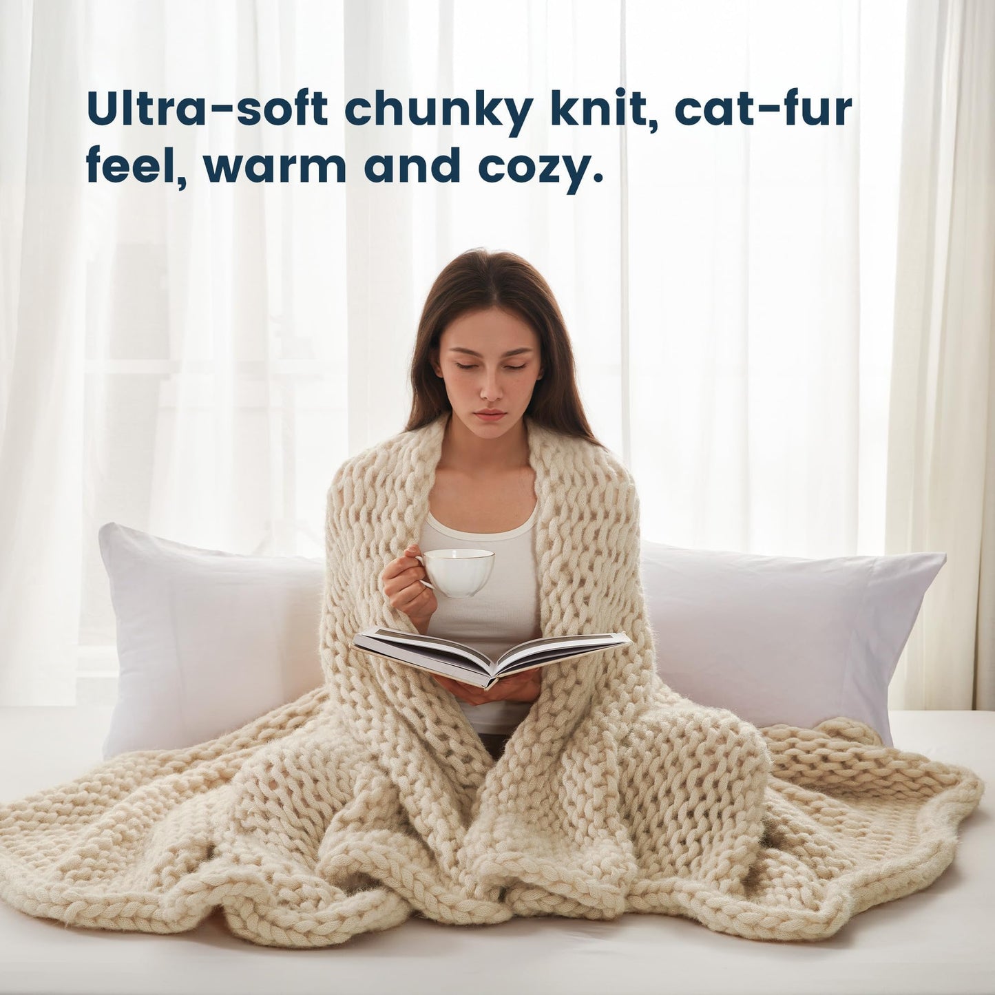 SLEEP ZONE Throw Blanket for Couch - Chunky Knit Hollow Blanket, Throw Blankets for Bed, Handmade Long Plush Cat Yarn, Soft Fluffy Knit Blankets Home Decor (Beige, 40x50in)