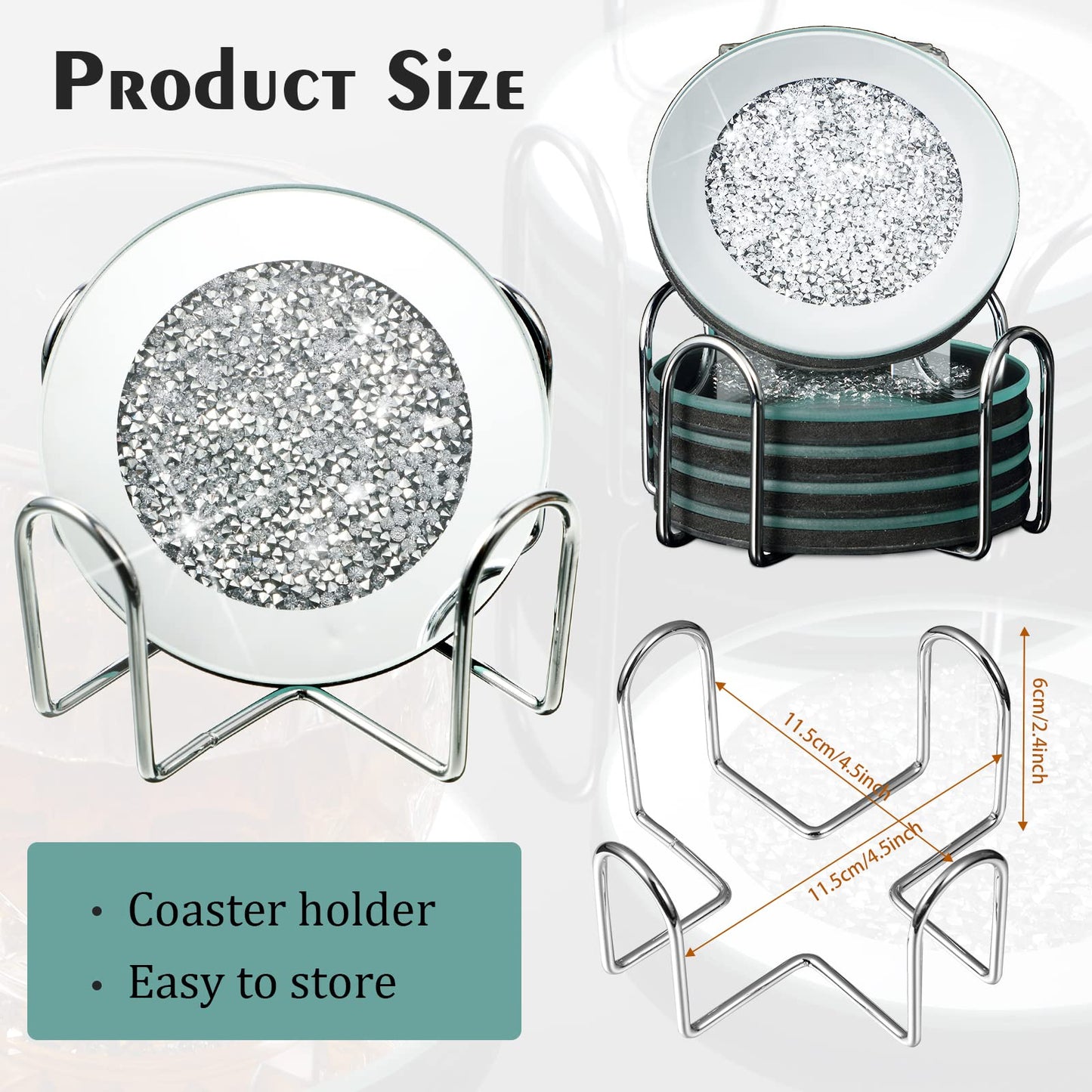 Jetec Mirrored Glass Coaster Set of 6 with 1 Holder 4" Crushed Diamond Round Cup Mat Glitter Crystal Rhinestone Glass Coaster Bling Table Decor for Bar Kitchen Gift for Christmas(Silver,4 Inch)