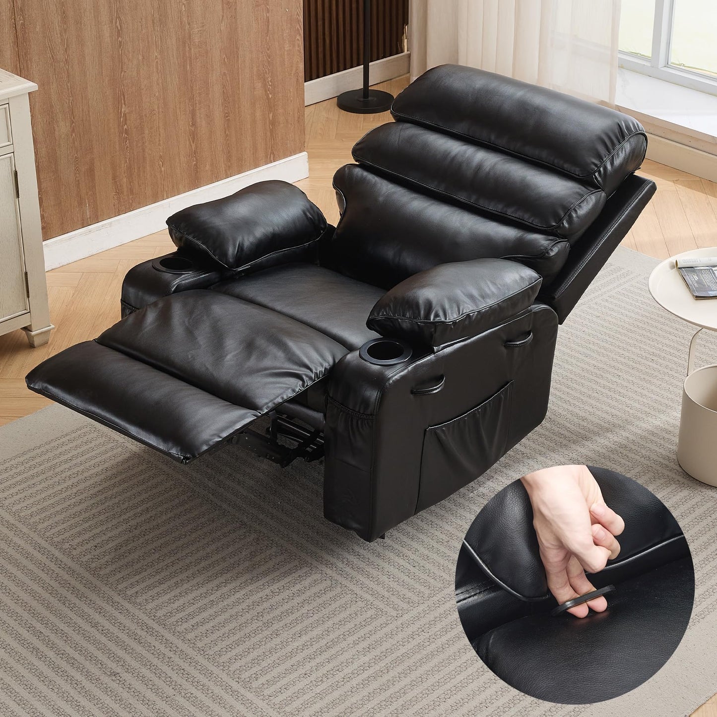 Garvee PU Leather Manual Recliner Chair with Massage and Heat, 27" Extra Wide Seat, 400 lbs Capacity, Thickened Sponge Armrests and Back, Cup Holders & Side Pocket, Living Room or Bedroom, Black