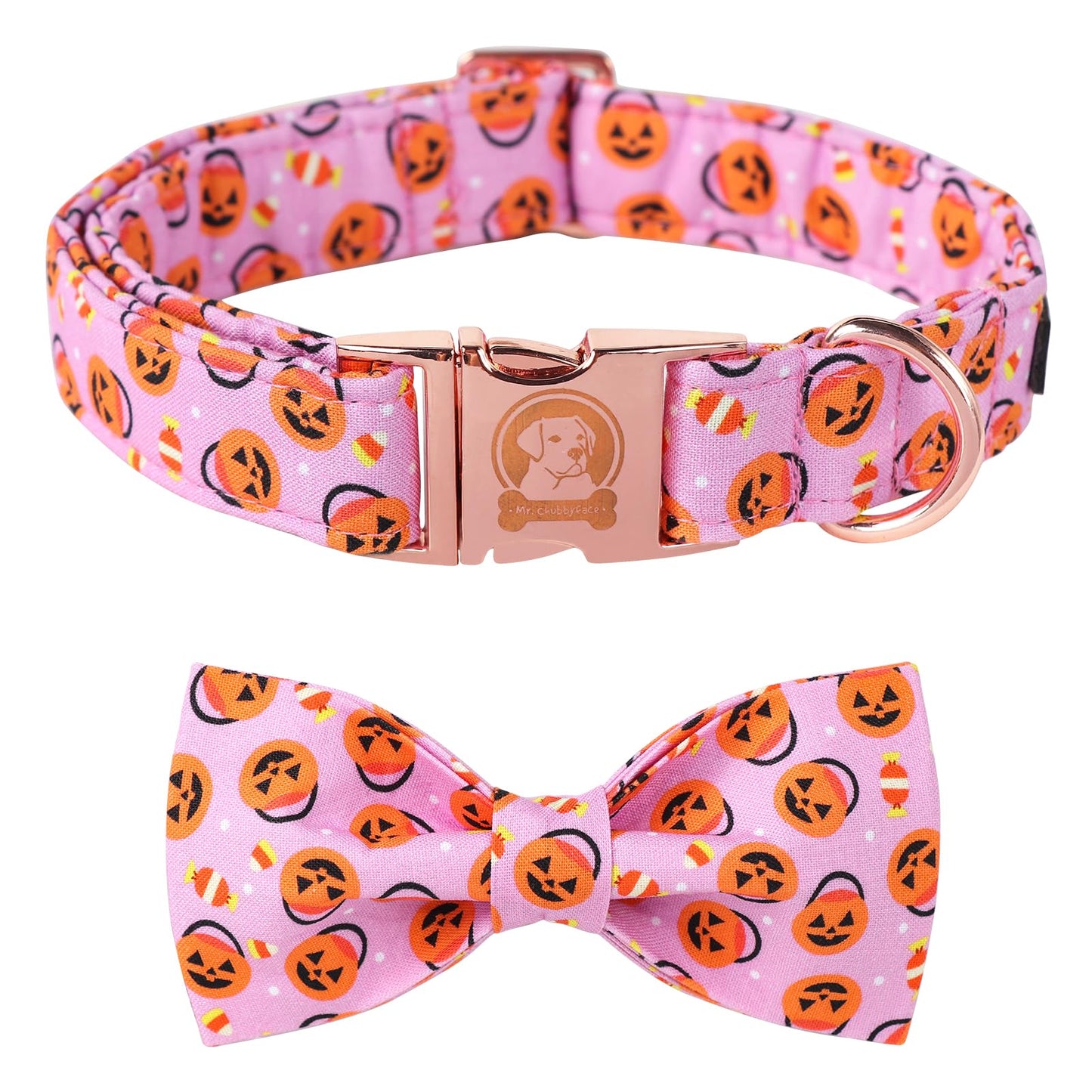 MR. CHUBBYFACE Fall Dog Collar with Bow, Halloween Thanksgiving Pumpkin Dog Collar with Bowtie, Adjustable Puppy Colar for Small Medium Large Girl Boy Male Female Pet
