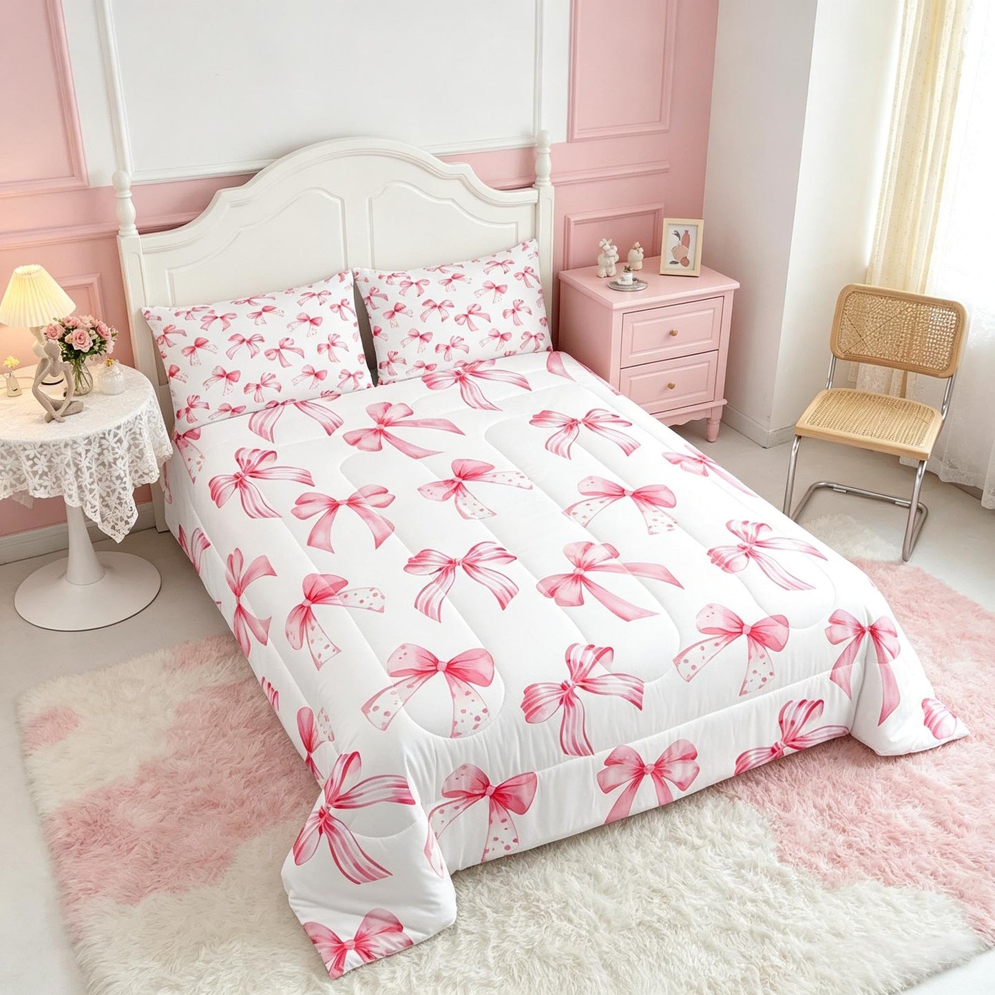Feelyou Kawaii Pink Bow Bedding Set for Kids Boys Girls Twin Size Cute Dreamy Princess Style Comforter Set Ultra Soft Bow Pattern Comforter Cute Coquette Bow Knot Duvet Quilt Bedroom Decor Quilt