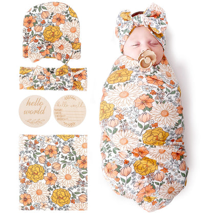 DRESHOW BQUBO Baby Girl Newborn Floral Receiving Blankets with Bow Hat Headband Wooden Birth Announcement Card Set Newborn Baby Swaddling Hats Sleepsack Toddler Warm Shower Gift