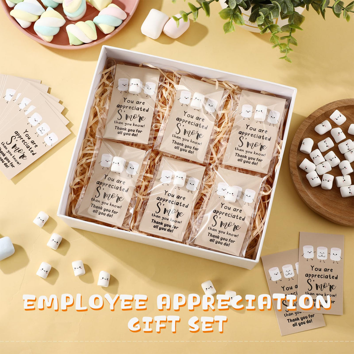 CroBlissful 100 Sets Inspirational Small Gifts Bulk Funny Cute Small Resin Marshmallow Smores with Thank You Card Appreciation Gifts for Office Teacher Coworker Staff Nurse Stress Fidget Toy
