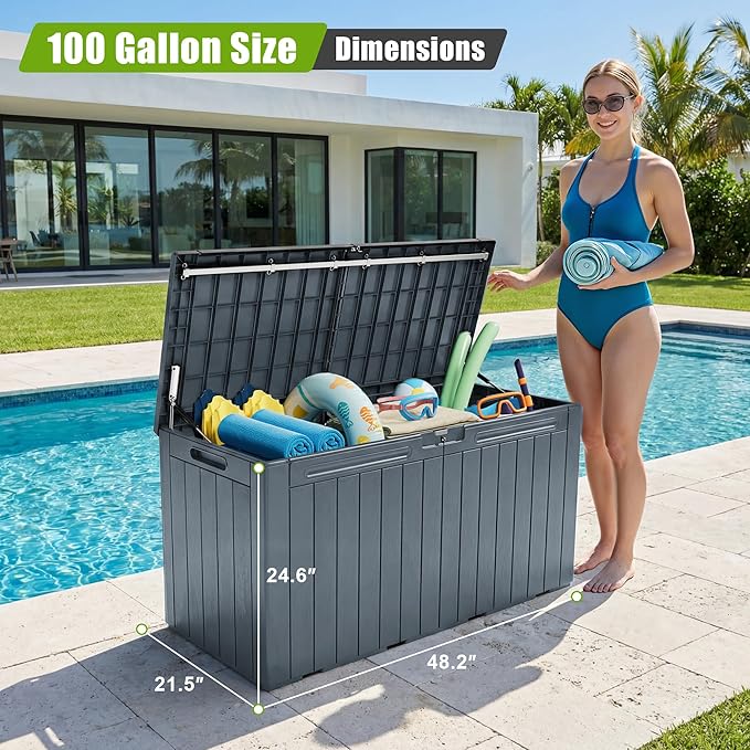 Flamaker Resin Deck Box 100 Gallon Large Lockable Outdoor Storage Box Waterproof for Patio Cushions, Tools, Pool Accessories (Gray)