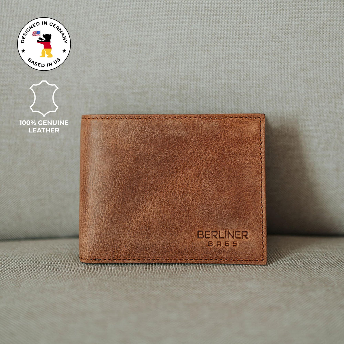 BERLINER BAGS Premium Genuine Leather Mens Wallet Peter – Slim Front Pocket Bifold Wallet for Men, Minimalist Design, RFID Blocking, Holds 8 Cards, ID Window, Gift Box - Brown