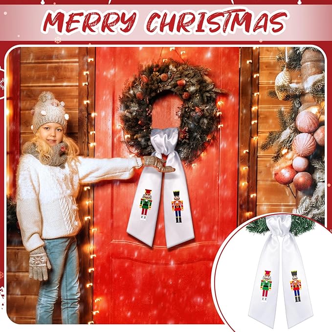 Wreath Sash for Front Door Wreath Satin Sash Blank Sashes Embroidery Monogram Yard Doorway Indoor Outdoor Wall Ribbon Bow Home Decor(Red, White,Nutcracker)