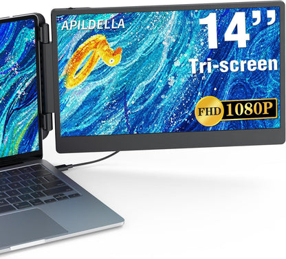 14’’ Triple Laptop Screen Extender, 1080P FHD Portable Dual Monitor for Laptop USB C HDMI, Plug-Play Monitor Extender for Triple Display for Mac/Windows, Fit 13”-17.3” Laptops