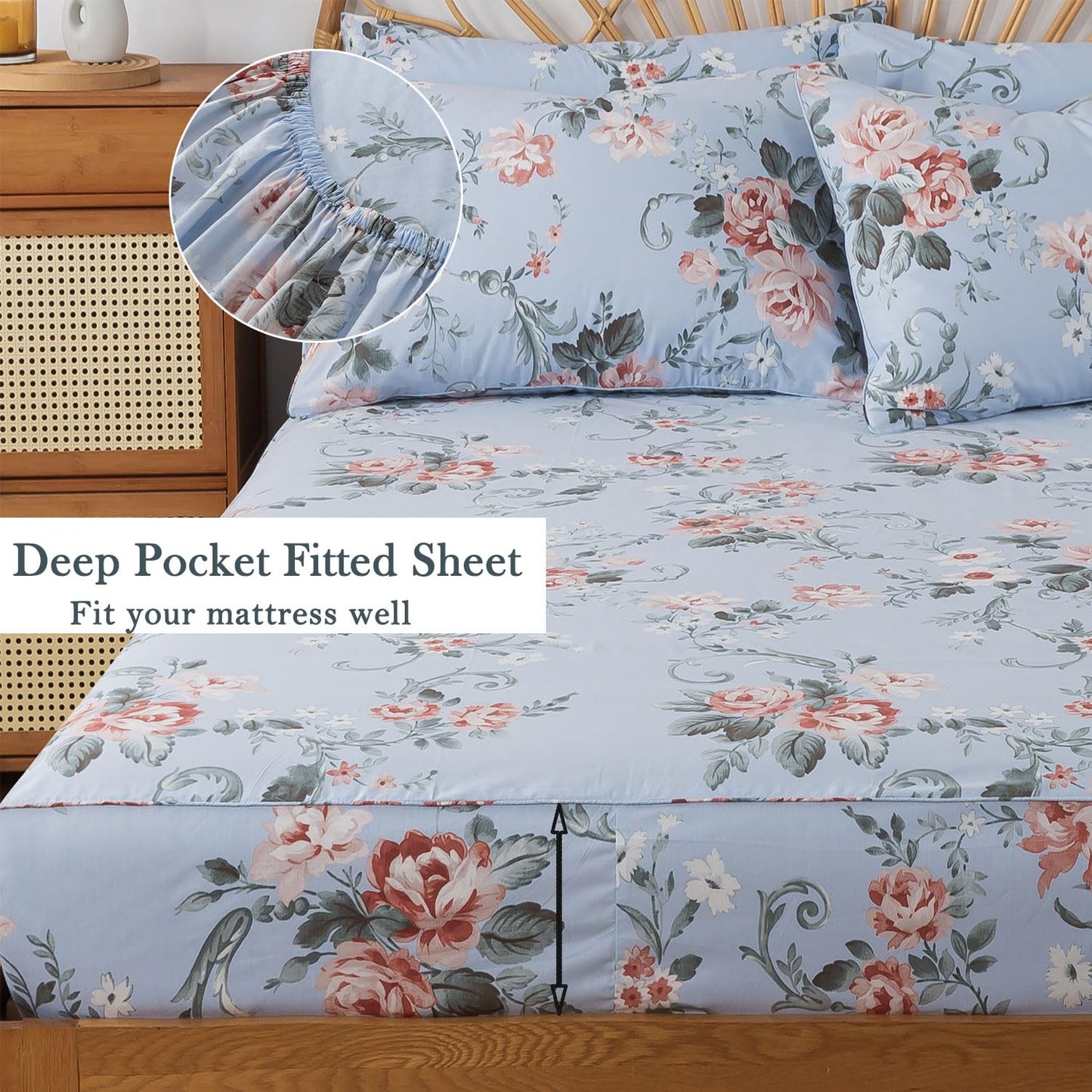 FADFAY Queen Sheets Set Percale Cotton Floral Bed Sheets Deep Pocket Fitted Sheet, Luxury Pink Roses and White Small Flowers Pattern Shabby Vintage Countryside Style Bedding,4Pcs