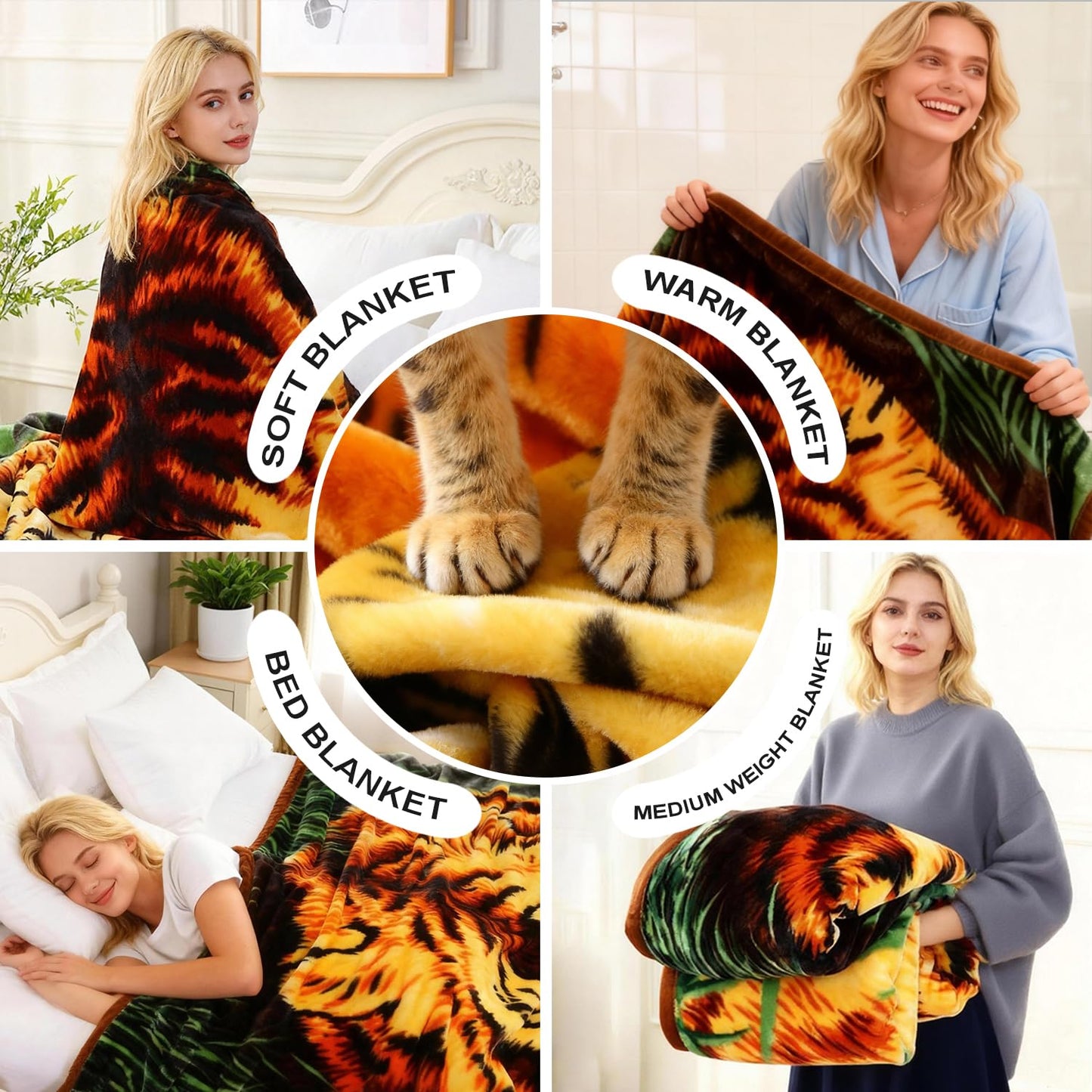 JYK Korean Faux Mink Fleece Blanket 75”x87” and 5 LB Mink Blanket - 2 Ply Reversible 520GSM Silky Soft Plush Warm Blanket for Autumn Winter, A&B Pattern (Queen, Tiger/Tiger Stripes)