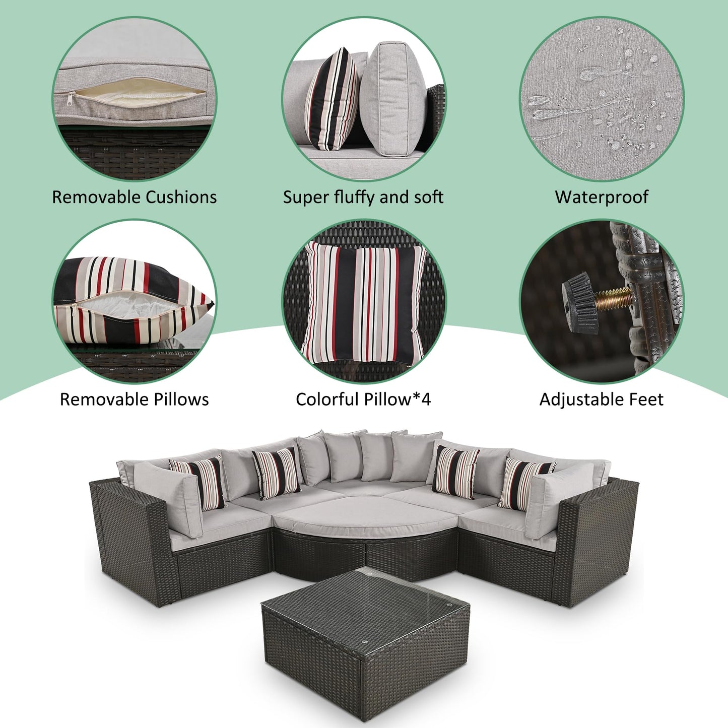 Merax 7 Pieces Outdoor Patio Furniture, 6 Seat Wicker Sectional Lounger Sofa Chair Set with Table, All Weather Rattan Conversation Sleeper Couch Bed Sets for Garden Poolside, Cushions & Pillows, Grey