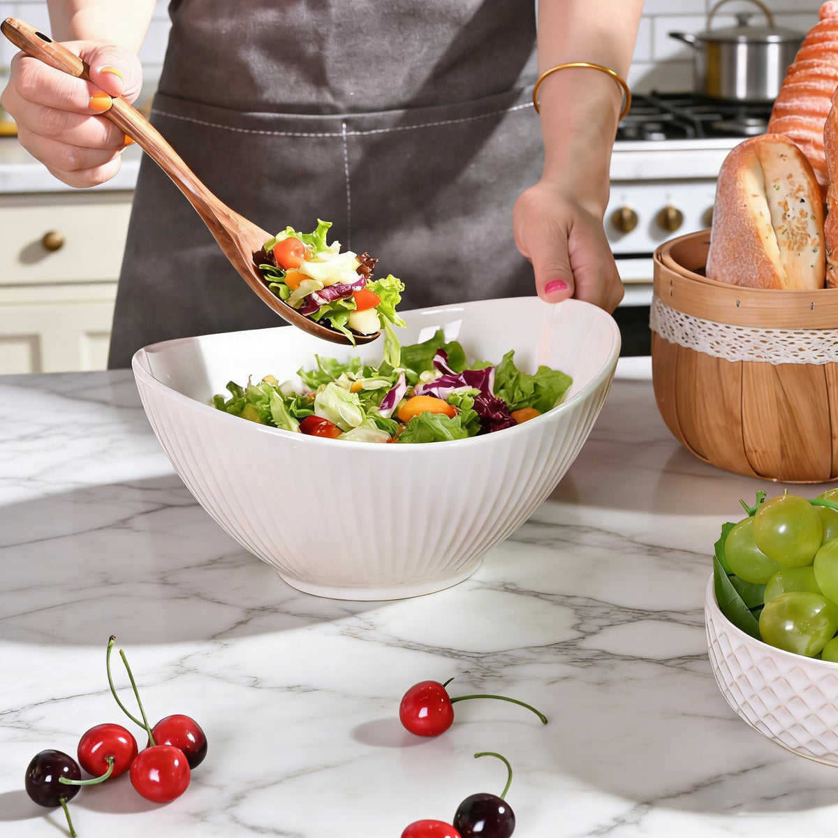 Hoilse 60oz Large Ceramic Salad Bowl with Acacia Wood Utensils, 10" Oval White Serving Bowl for Soup, Pasta, Fruit, Snacks – Mixing Bowls for Entertaining, Party, Kitchen, Dinner – Housewarming Gift