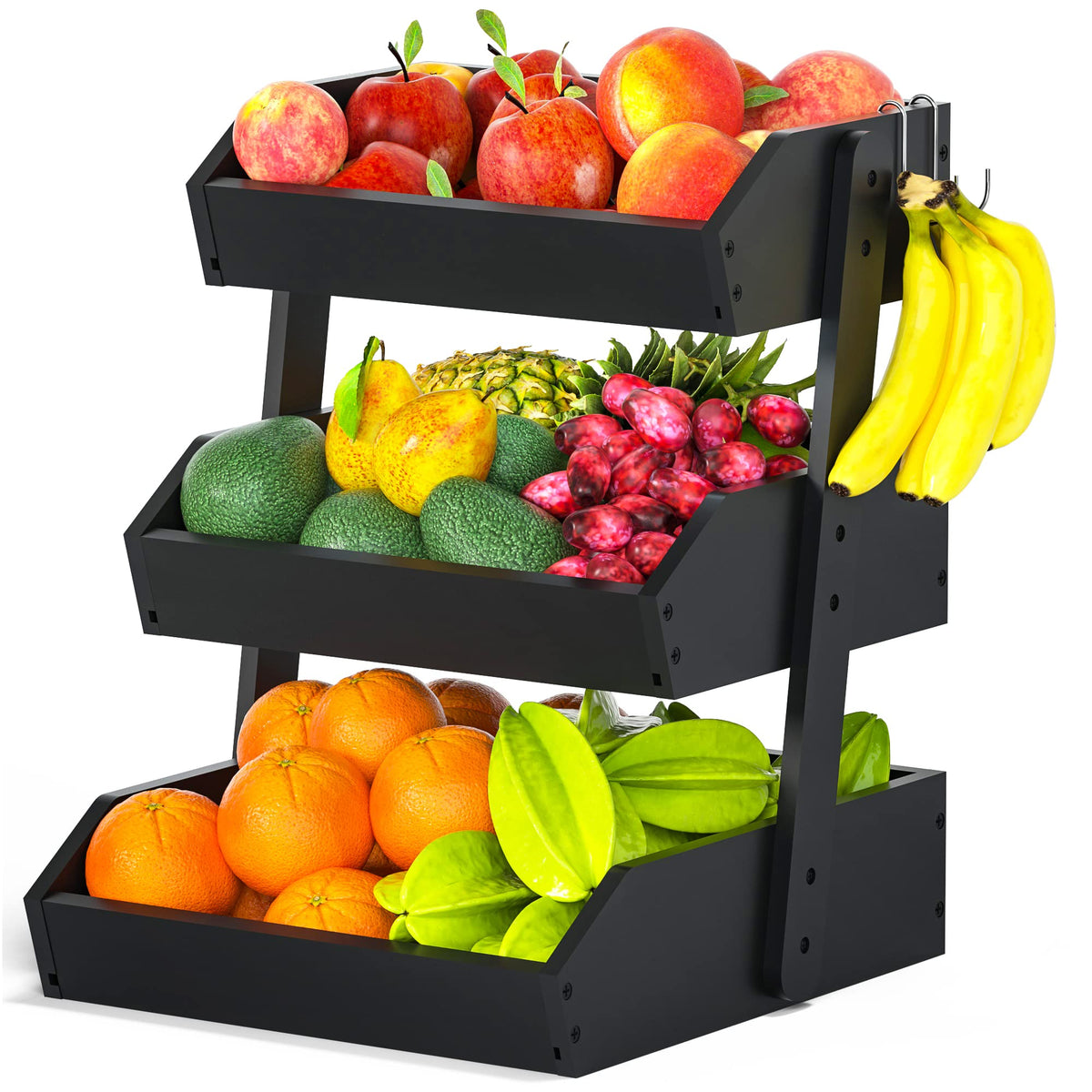Gmtsl Bamboo Fruit Basket for Kitchen – 3 Tier Fruit Bowl For Kitchen Counter, Large Fruit Holder With 2 Banana Hangers, Idea For Fruit and Vegetable Storage, Bread Basket, Snack Organizer(BLACK)