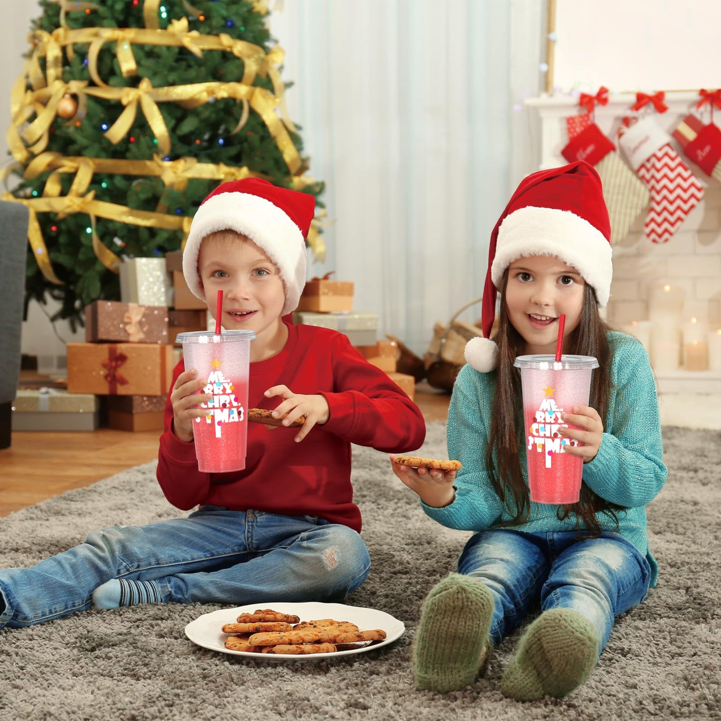 OZMOJOO Christmas Color Changing Cups with Lids and Straws, Reusable Tumblers for Cold Drinks, 5 Pack Holiday Gift Party Cups for Kids, Teens & Adults, 24 oz, Red