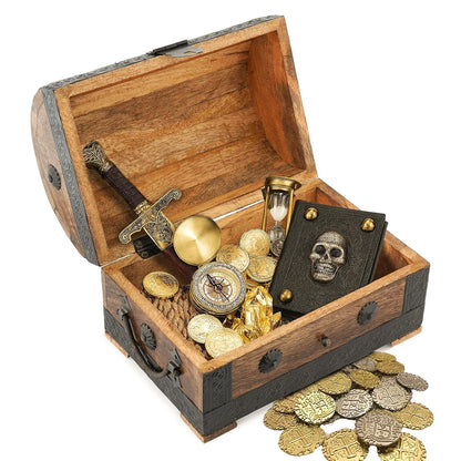 Ajuny Wooden Pirate Treasure Chest Jewelry Box – Handcrafted Vintage Keepsake Organizer with Shell Strips, Perfect for Necklaces, Earrings, and Trinkets, 9x6 Inch Gift Box