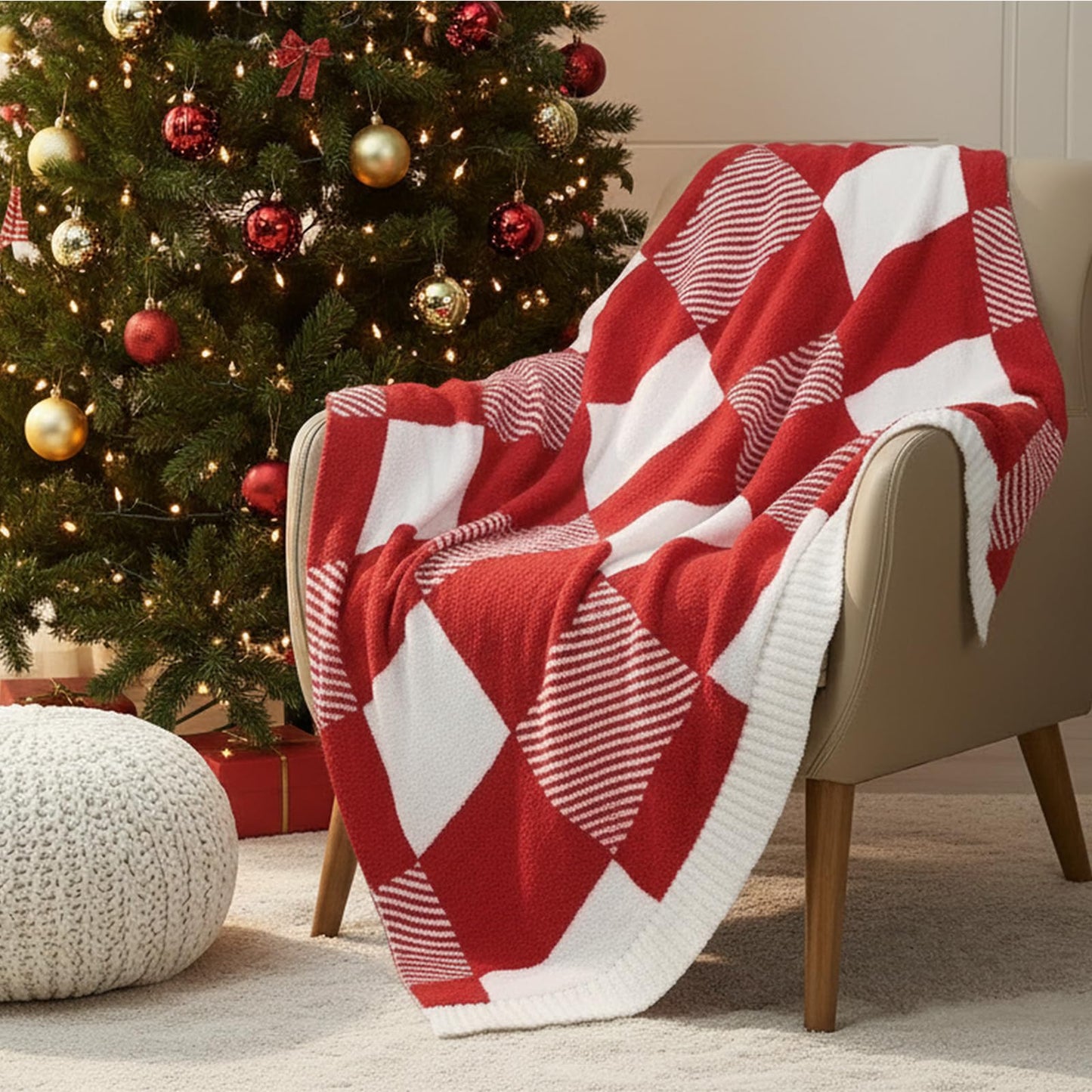 MACEVIA Knit Fuzzy Throw Blanket for Couch 50" x 60" (Checkered Red White)