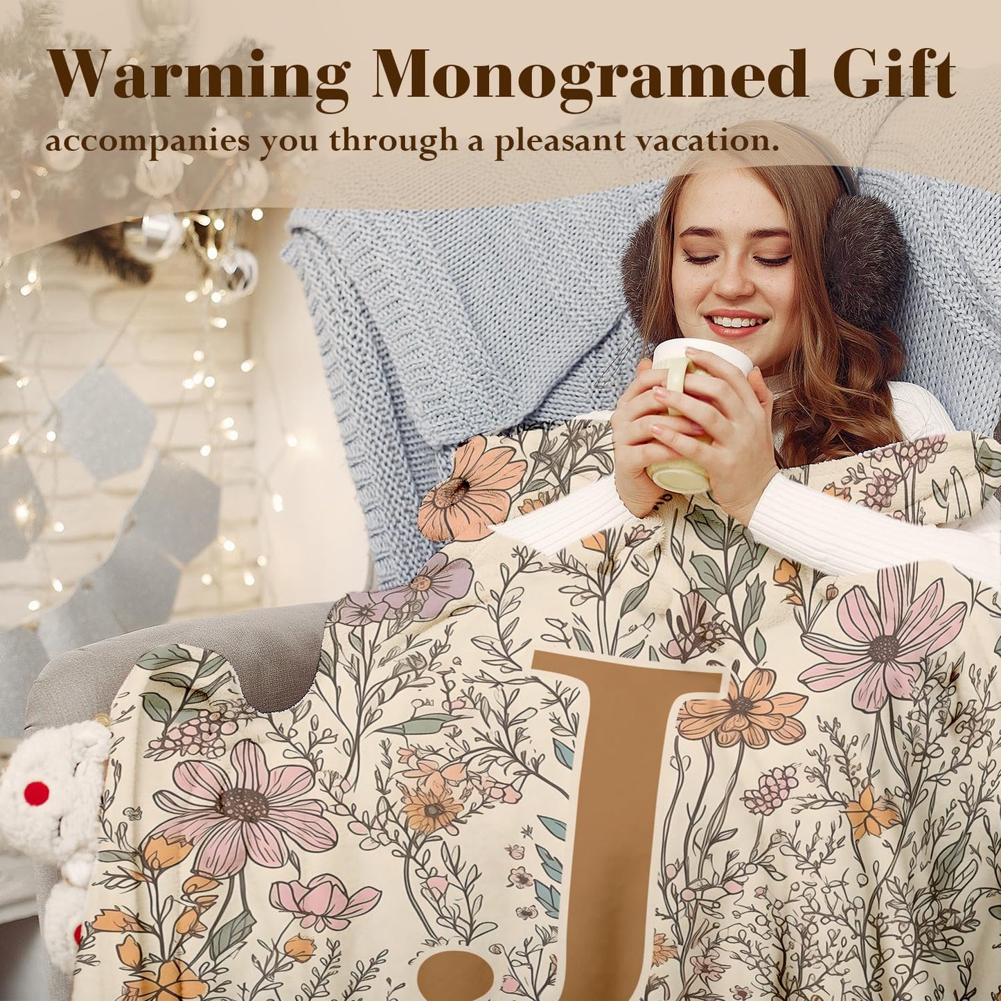 JXREQ Throw Blanket Initial Letter J Personalized Monogrammed Gifts for Women Teen Girls Frends, Boho Floral Throw Blankets for Bed Sofa Living Room Office, 50x60 Inch