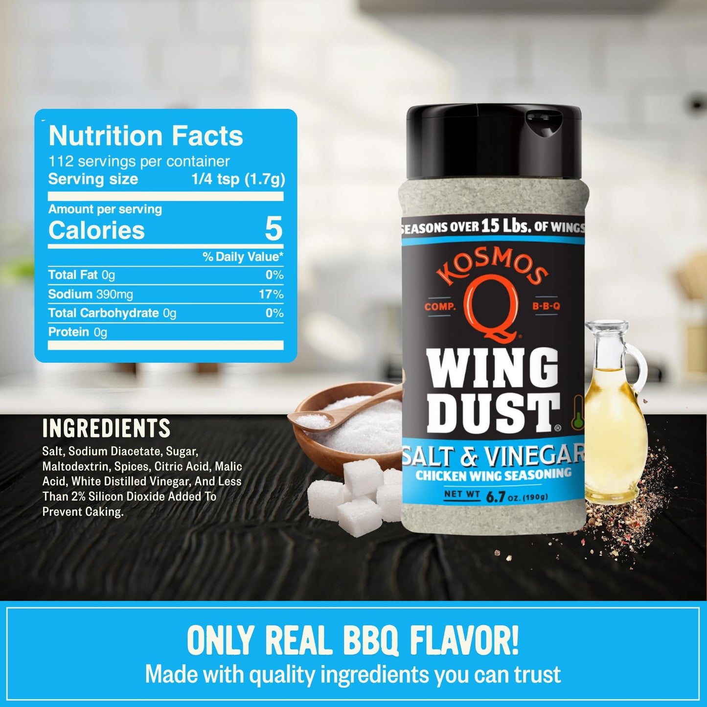 Kosmos Q Salt & Vinegar Wing Dust, Father’s Day Gift, Salt & Vinegar Seasoning for Wings, Popcorn, Fries & More, Tangy Dry Rub Dust for Chicken, Snacks & Vegetables, Gluten Free, 8 Oz Shaker Bottle