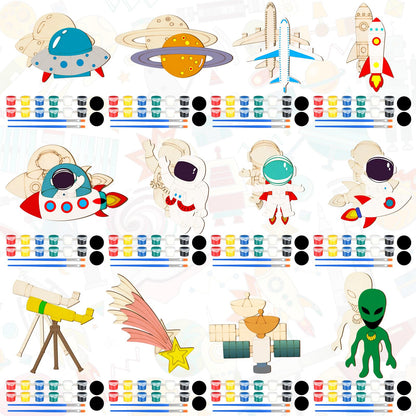 JellyArch 24 Pcs Unfinished Wood Cutouts Space Paint Kit Set and DIY Crafts for Classroom School Birthday Gifts Paint Your Own Painting Bulk Kits and Crafts