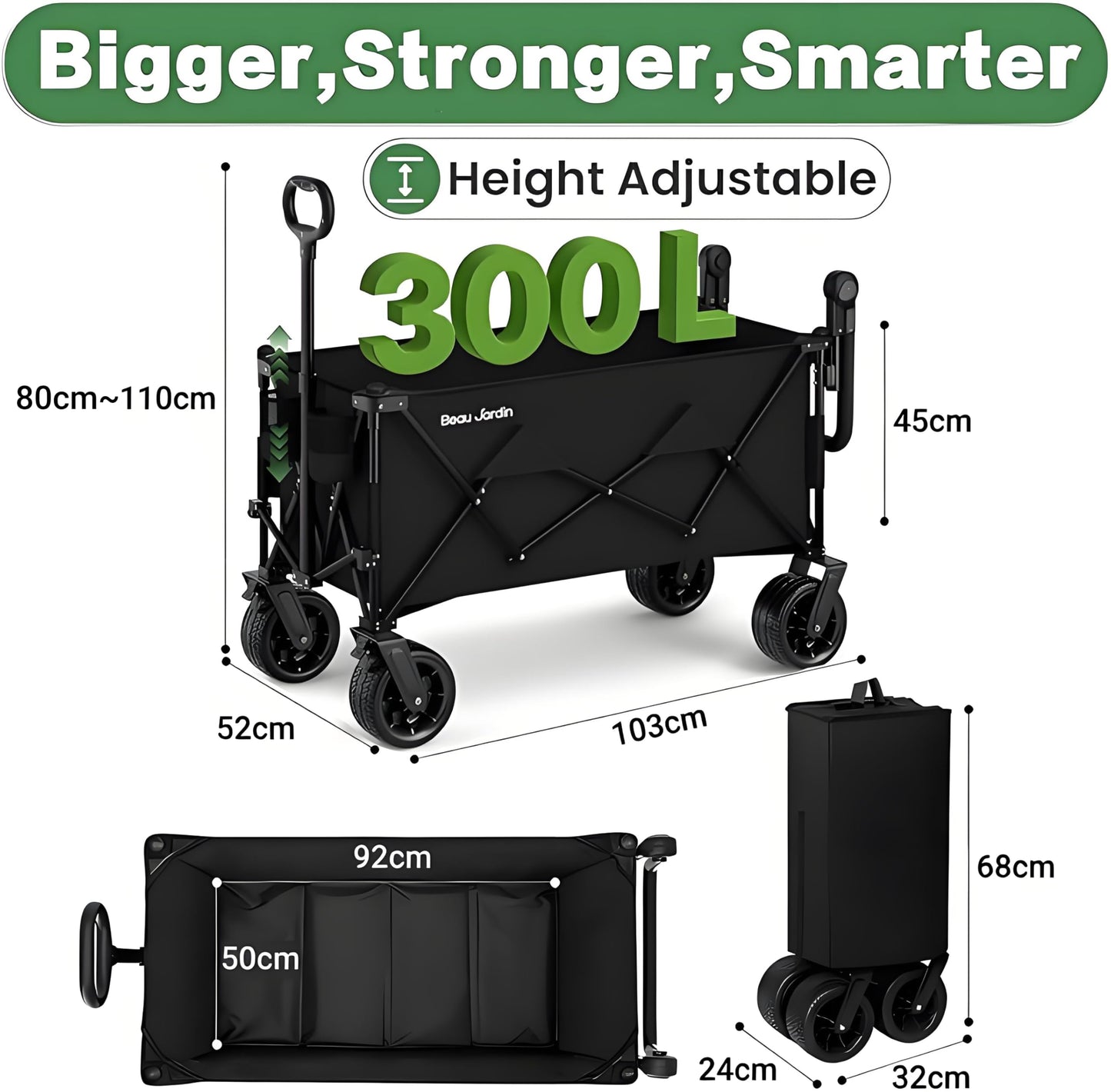 BEAU JARDIN XXL Festival Trolley Beach Cart - 300L 230KG(500LBS) Heavy Duty Folding Wagon All-Terrain Utility Wide Wheels for Camping & Shopping | Push & Pull Handle | Portable Collapsible | Black