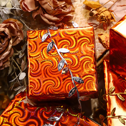 LeZakaa Fall Holographic Wrapping Paper Roll, Orange Gift Wrap with Swirl & Star Pattern Metallic Foil for Autumn, Thanksgiving, Birthday, Halloween, Wedding, Mini Roll 17 in x 32.8 ft