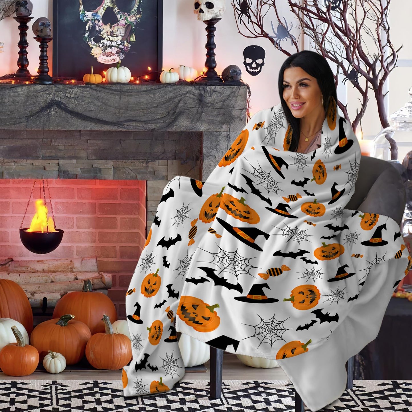 ARESD Halloween Blanket Throw Pumpkin Spider Webs Candy and Black Cats Print on Fleece Flannel Blanket for Sofa Bed Couch Chair Halloween Decorations 50X60 Inches
