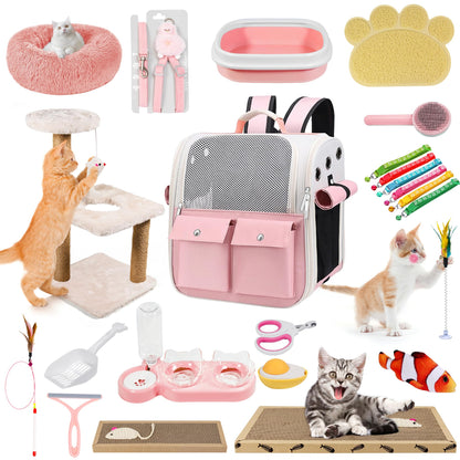 Kitten Starter Supplies Starter Kit, 20 pcs of Cat Essentials and Stuff, Including Cat Bed, Carrier, Litter Mat, Litter Box, Collar, Bowls,and Others, Perfect Choice for New Cat Owner - Pink