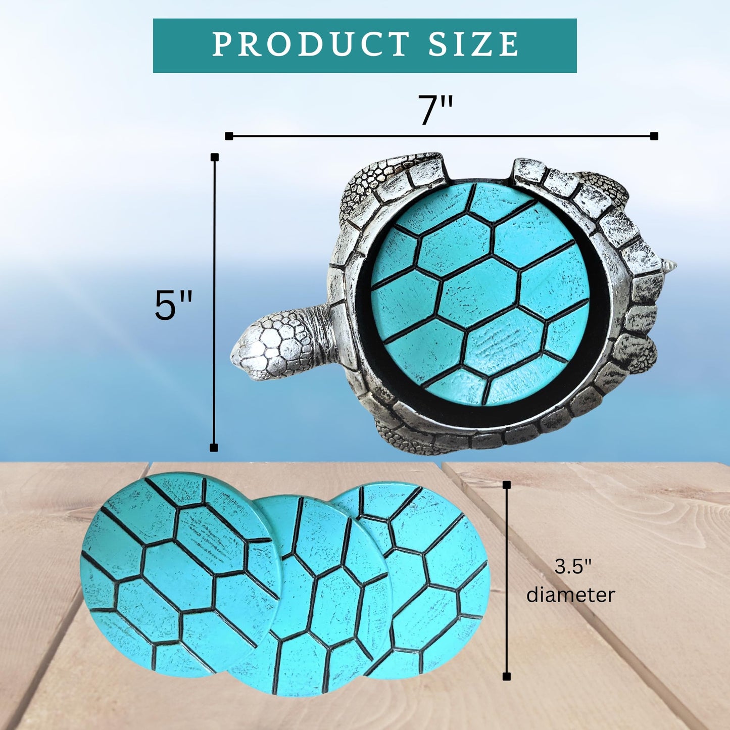 Sea Turtle Coaster Set with Holder – 4 Nautical, Ocean, and Tropical Silver & Turquoise Resin Coasters – Coastal Beach Home, Bar, Kitchen, or Dining Room Décor – Ideal Gift for Sea Life Lovers