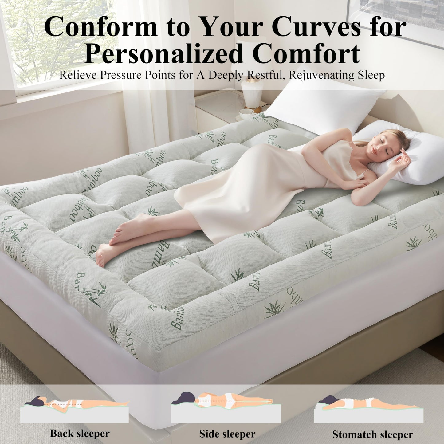 ELNIDO QUEEN® 3 Inch Memory Foam Mattress Topper Full Size - Cooling Breathable Bamboo Viscose Pillow Top for Hot Sleepers, 1700 GSM Fill, Ultra Soft Mattress Pad for Back Pain Relief, 3"x54"x75"