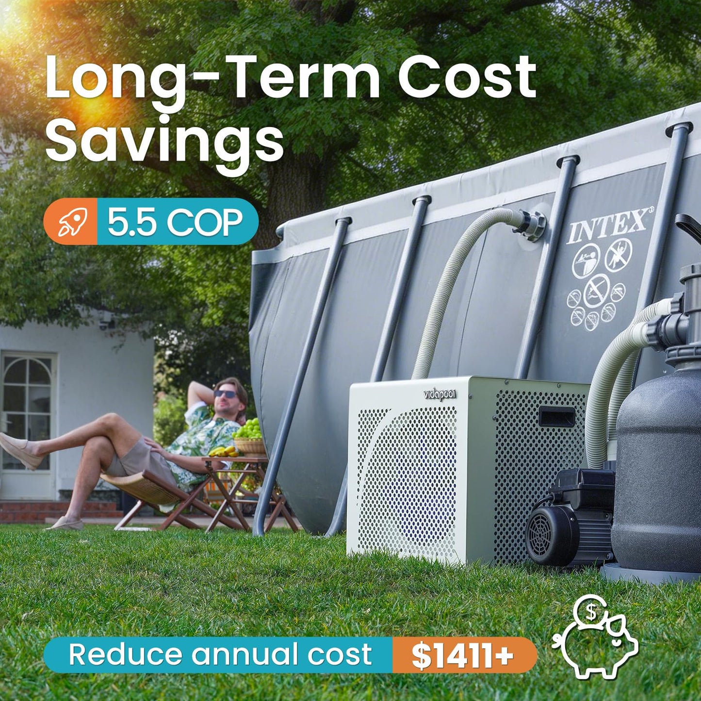 Vidapool 18,000 BTU Swimming Pool Heater 7.5 COP Electric Pool Heat Pump for Above Ground and Inground Pools Heating and Cooling Smart WiFi Control Pools Up to,6500 Gallons