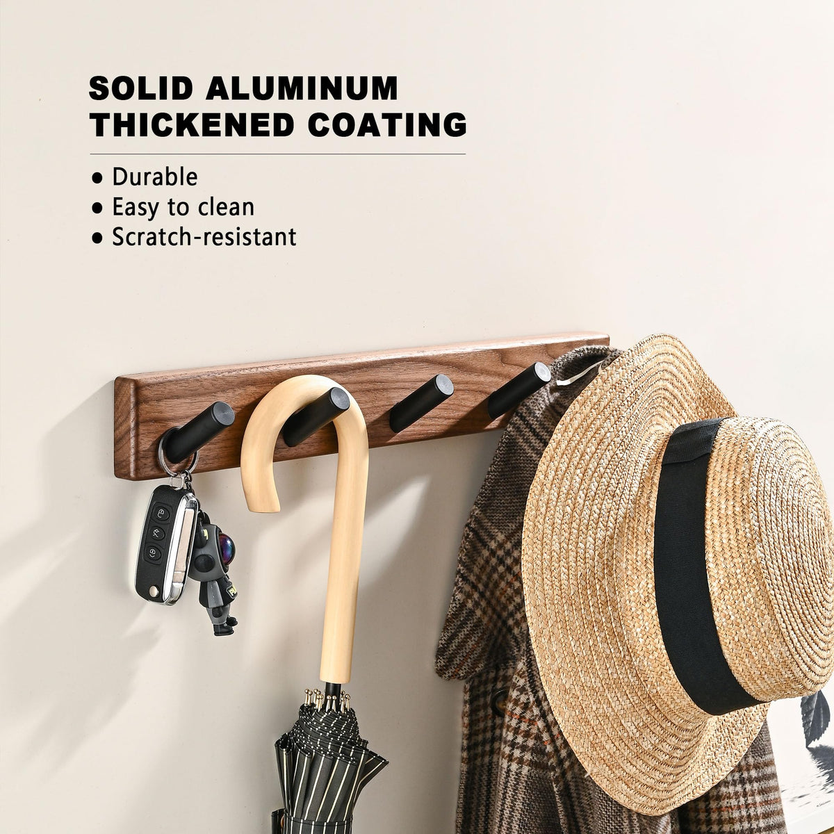 LECHYN 17.3" Small Wooden Coat Rack Wall Mounted with 5 Pegs Hooks, Entryway Wall Hooks Coat Hanger for Hanging Towel Jacket Clothes Hat Backpack Shoe Purse Key Holder Hook Rail by Black Walnut Wood