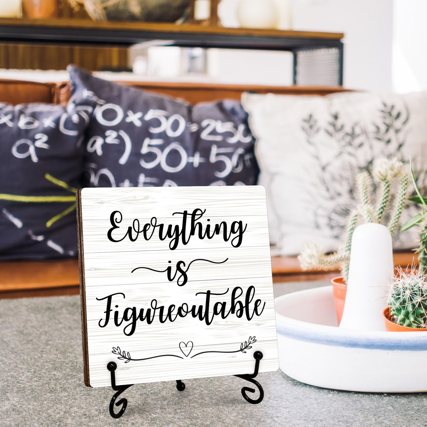 Inspirational Office Gifts for Women, White Desk Decor, Everything Is Figureoutable Wooden Sign with Stand, Birthday Gifts for Men Friends Coworkers, Motivational Office Decor, 5"x5"-A02