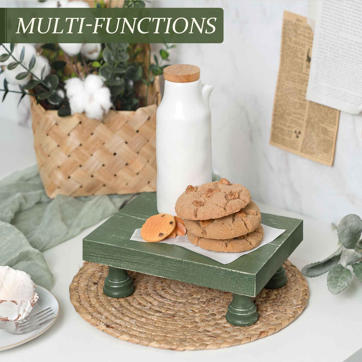 EOSAHR Pine Wood Riser Display Stand for Coffee Table – Stylish Pedestal Stand to Showcase Your Bathroom Accessories – Farmhouse Home Decor for Displaying Plant, Cupcakes and Soap Dish (Green)