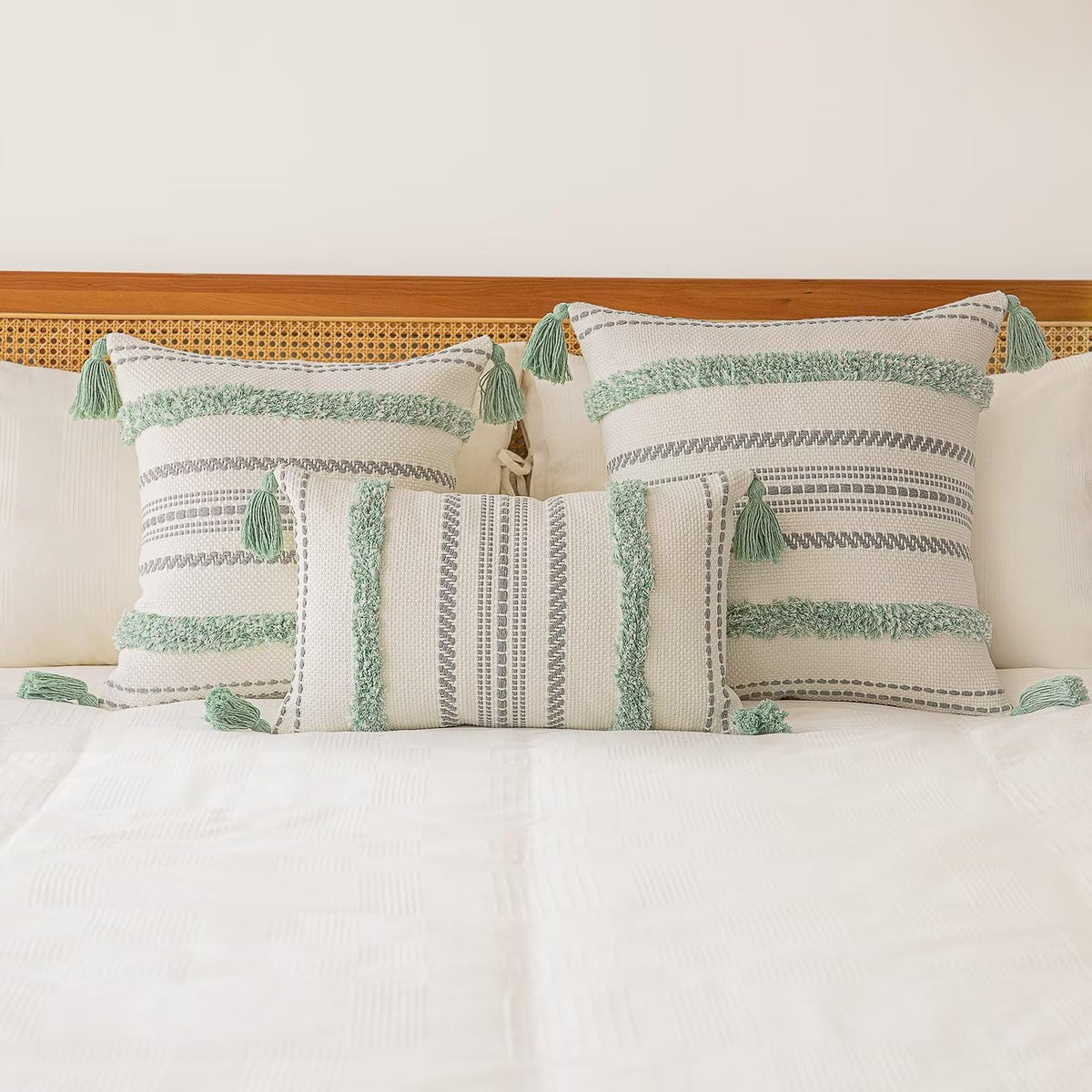 Boho Throw Pillow Covers 20x20 Set of 2 Woven Tufted Farmhouse Pillows Cover with Tassels Textured Striped Cushion Case Neutral Pillow Cases Decorative Pillowcase for Sofa, Couch, Bed, Light Green
