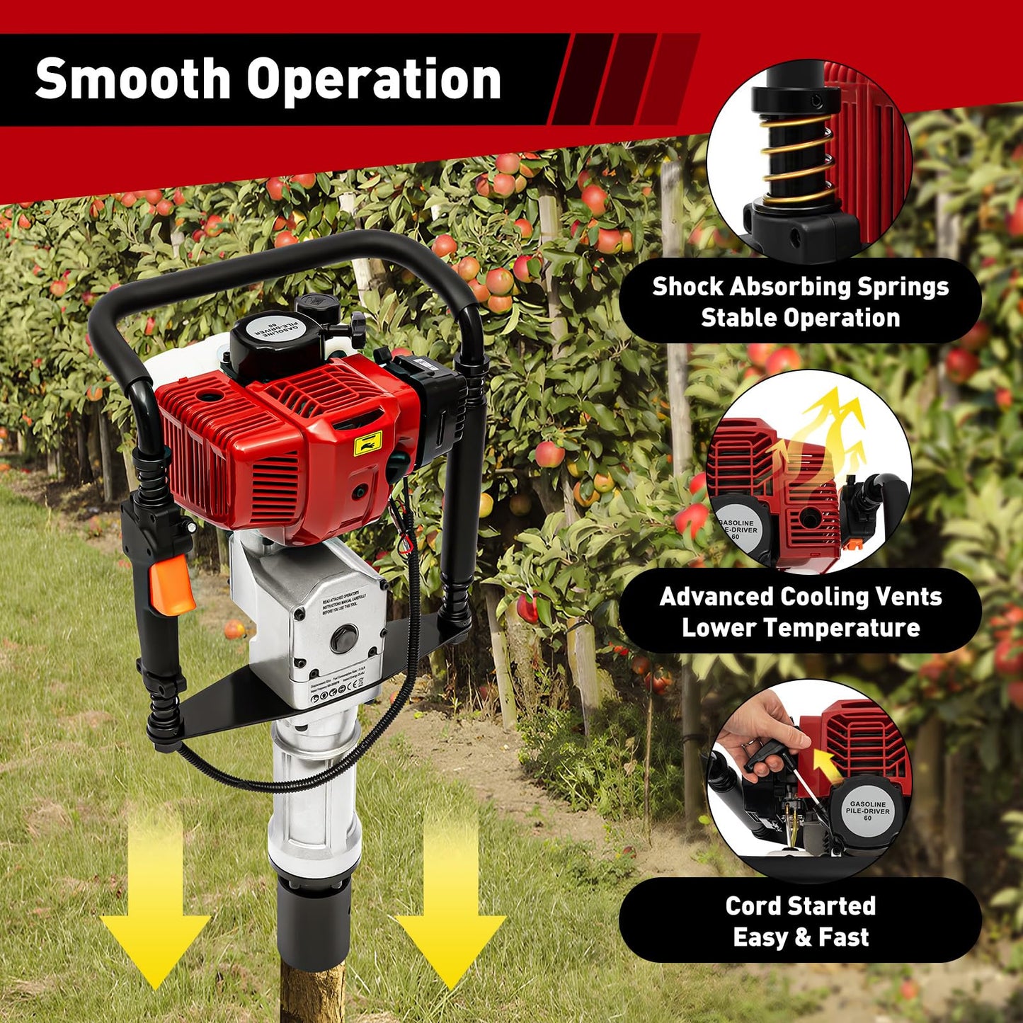 52CC Gas Powered T Post Driver 2 Stroke Pile Driver Hammer Fence Post Driver Gas Piledriver Gasoline Powered T-Post Driver Gas Post Driver Single Cylinder Air-Cooling Engine with 2 Post Driving Head