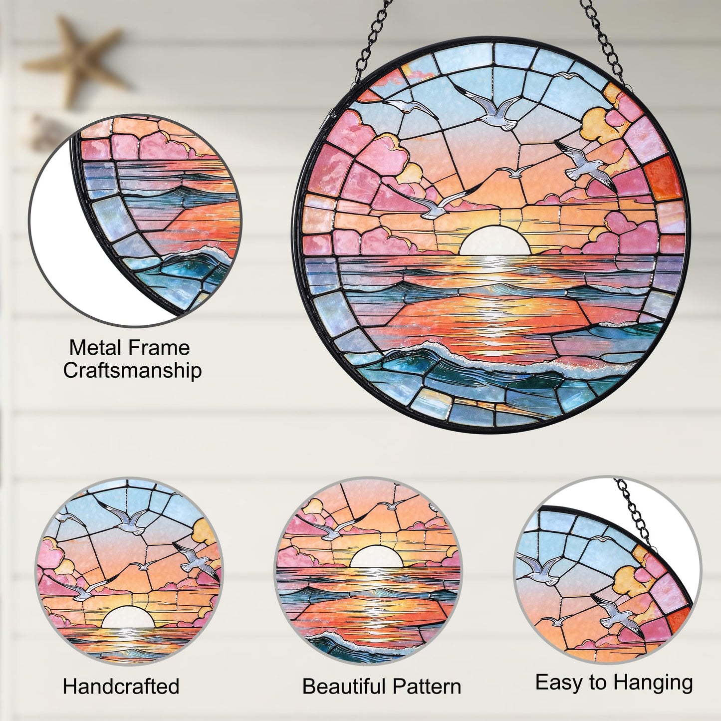 Hanging Stained Glass for Windows,20cm/7.87inch Sea Sunrise Stained Glass Suncatcher with Chain Garden Diamond Glass Panel Hangings Decoration for Home Decor Gifts for Family Friends Colleagues