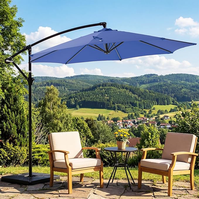 OLIXIS 9.7FT Offset Patio Umbrella with Base, Cantilever Table Umbrellas for Outdoor Sun Shade UV Protection with Easy Tilt Adjustment, 8 Ribs for Backyard, Lawn, Garden, Pool - Blue