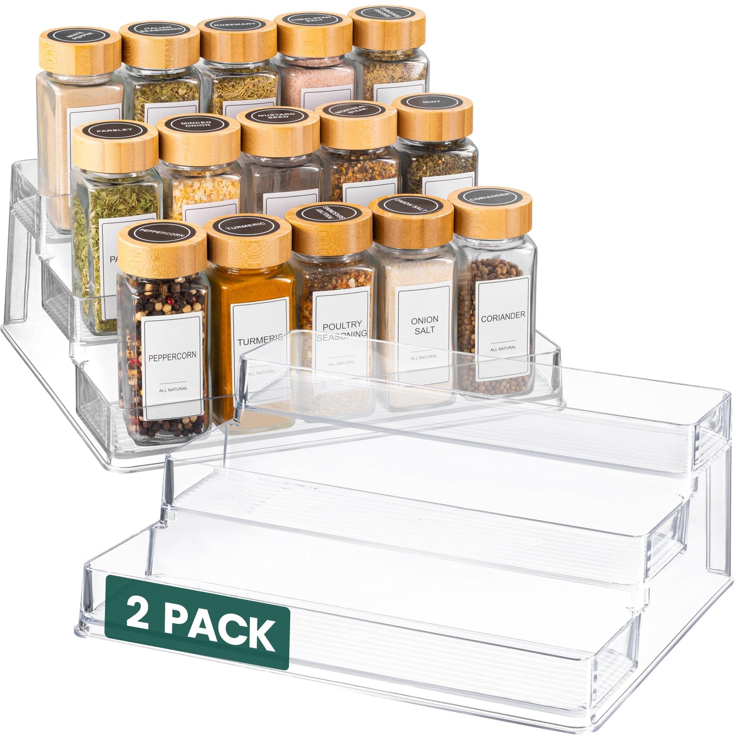 Oizeir Clear Spice Rack (2-Pack) - 3-Tier Acrylic Organizer for Cabinet - Deep Spice Shelf - 10.4 x 9.6 x 4 Inches - Holds Seasoning and Condiments