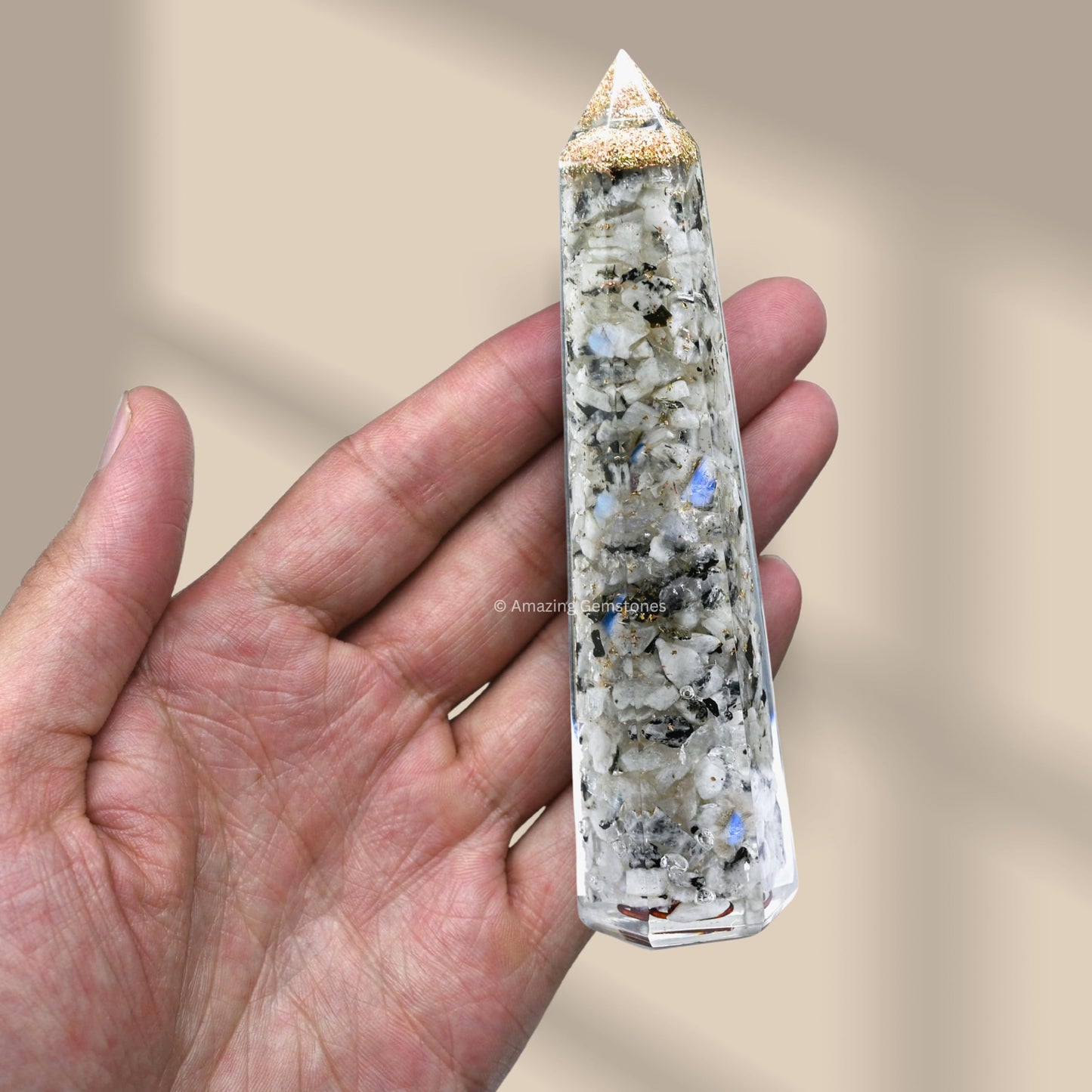Amazing Gemstone Rainbow Moonstone Orgonite Orgone Crystal Towers - Large 4.5" Orgonite Crystal Wand Obelisk Tower Point for Meditation, Crystals and Healing Stones Gift and Protection