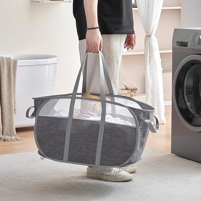 TECHMILLY Collapsible Laundry Basket, Foldable Tear Proof Mesh Pop Up Hamper
