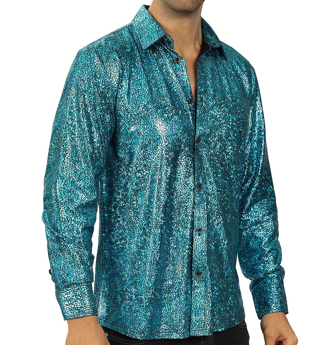 WULFUL Men Dress Shirt Sequins Long Sleeve Button Down Shirt Luxury Disco Party Nightclub Christmas Prom Costume