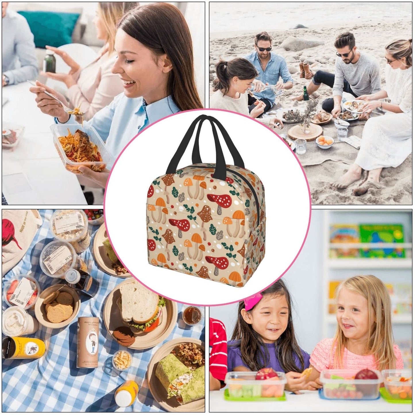 Insulated Lunch Bag Reusable Lunch Box for Women Men, Cooler Lunch Boxes Waterproof Lunch Bags Office Picnic Work, Cute Mushroom Gift