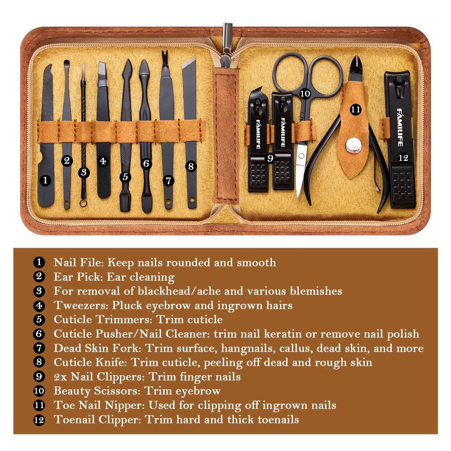 FAMILIFE Manicure Set, Nail Professional Kit Manicure Kits Nail Clipper Sets, 13PCS Stainless Steel Pedicure Sets Mens Grooming Tool, with Brown Leather Travel Case for Men