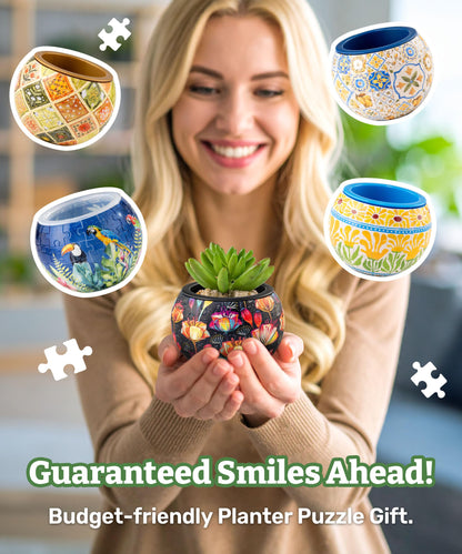 PieceRelax 3D Puzzle Planter - Retro Tiles - Small Round Plant Pots with Drainage, Home Decor Flower Pots for Indoor Cactus, Succulents Pots [K1104]