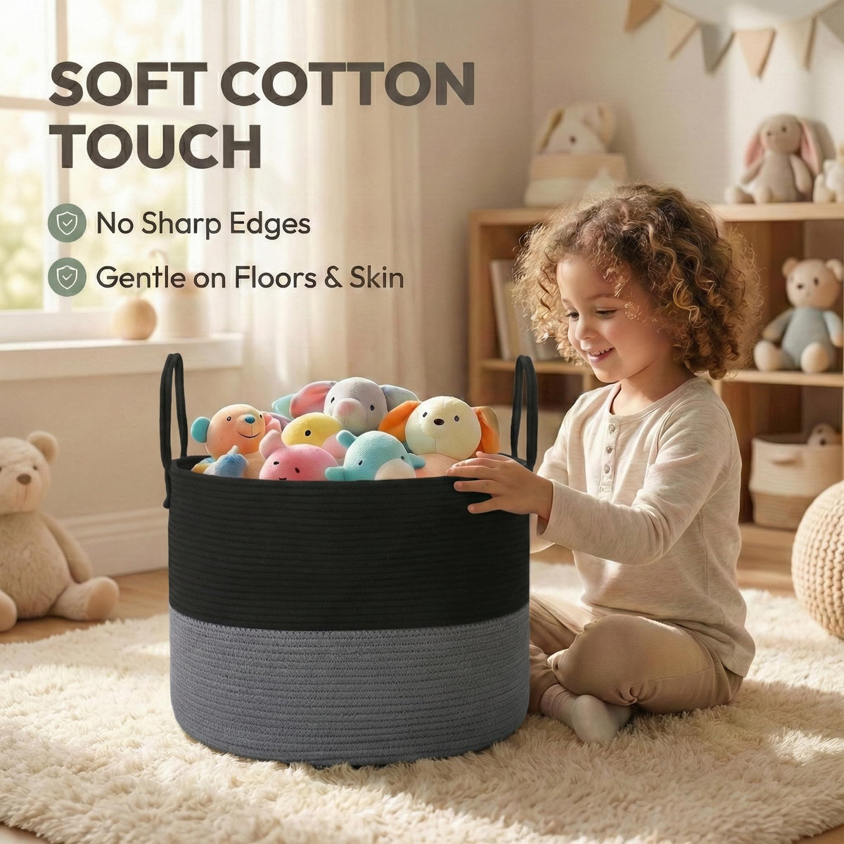 JMvicyroam 65L Extra Large Blanket Basket for Living Room - Woven Cotton Rope Laundry Hamper with Reinforced Handles - Storage Bin for Pillows, Comforters & Toys - Machine Washable,Black&Grey