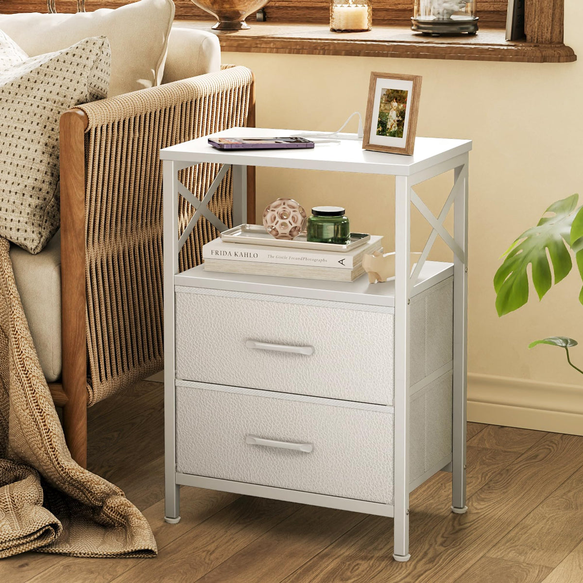 Huuger Nightstands Set of 2, Night Stand with Charger Station, 2 Drawer Side Table with Open Shelf, USB-C Port, End Table for Small Spaces, X Shaped Side Rail, White