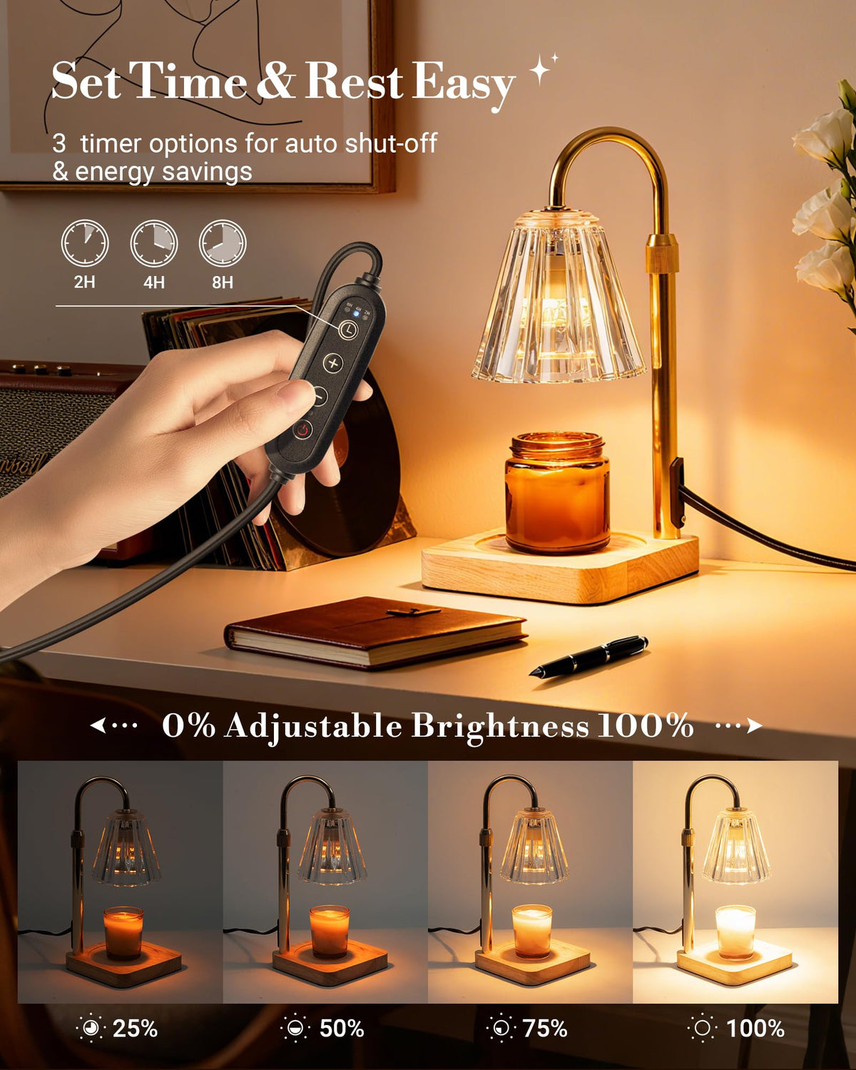 Marycele Candle Warmer Lamp with Timer & Dimmer - Mothers Day Gifts for Women Mom Her, Aesthetic Office Home Decor, Adjustable Height Wax Melter for Candle Jar & 3-Wick Candles (2 Bulbs Included)