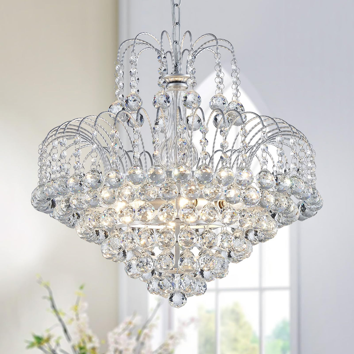 WUZUPS Crystal Chandelier Pendant Flushmount Ceiling Light Modern Lighting Fixture for Bedroom Hallway Bar Kitchen Bathroom, H 17.3" x W 18.9", Silver, E12 Base