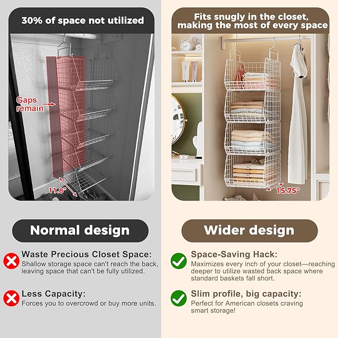4" Extra Deeper Foldable Hanging Closet Organizer, Small Wire Cabinet Shelves