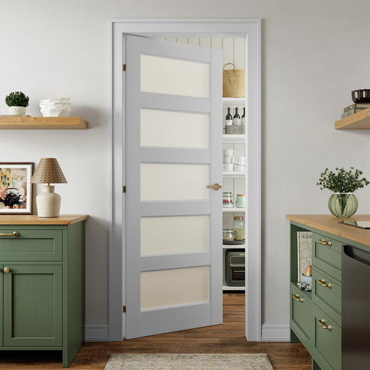 SMARTSTANDARD 5-Panel Frosted Glass Interior Door Slab, 32" x 80" Slab Door for Pantry Pocket Laundry Bathroom French, Solid Core Pre-Assembled Panel Without Hardware, White